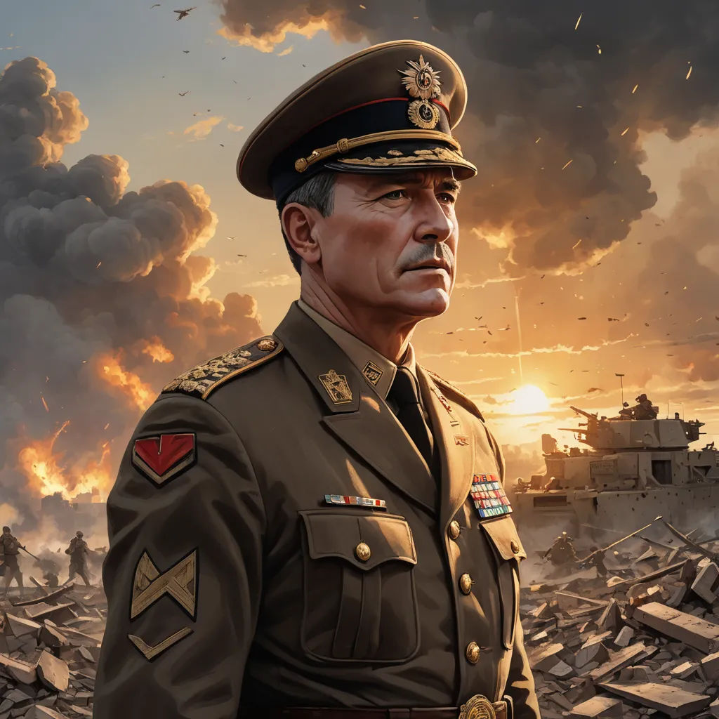 a painting of a man in a military uniform in front of a destroyed building with a sky background and a sunset, sots art, a character portrait, Artur Tarnowski, character portrait