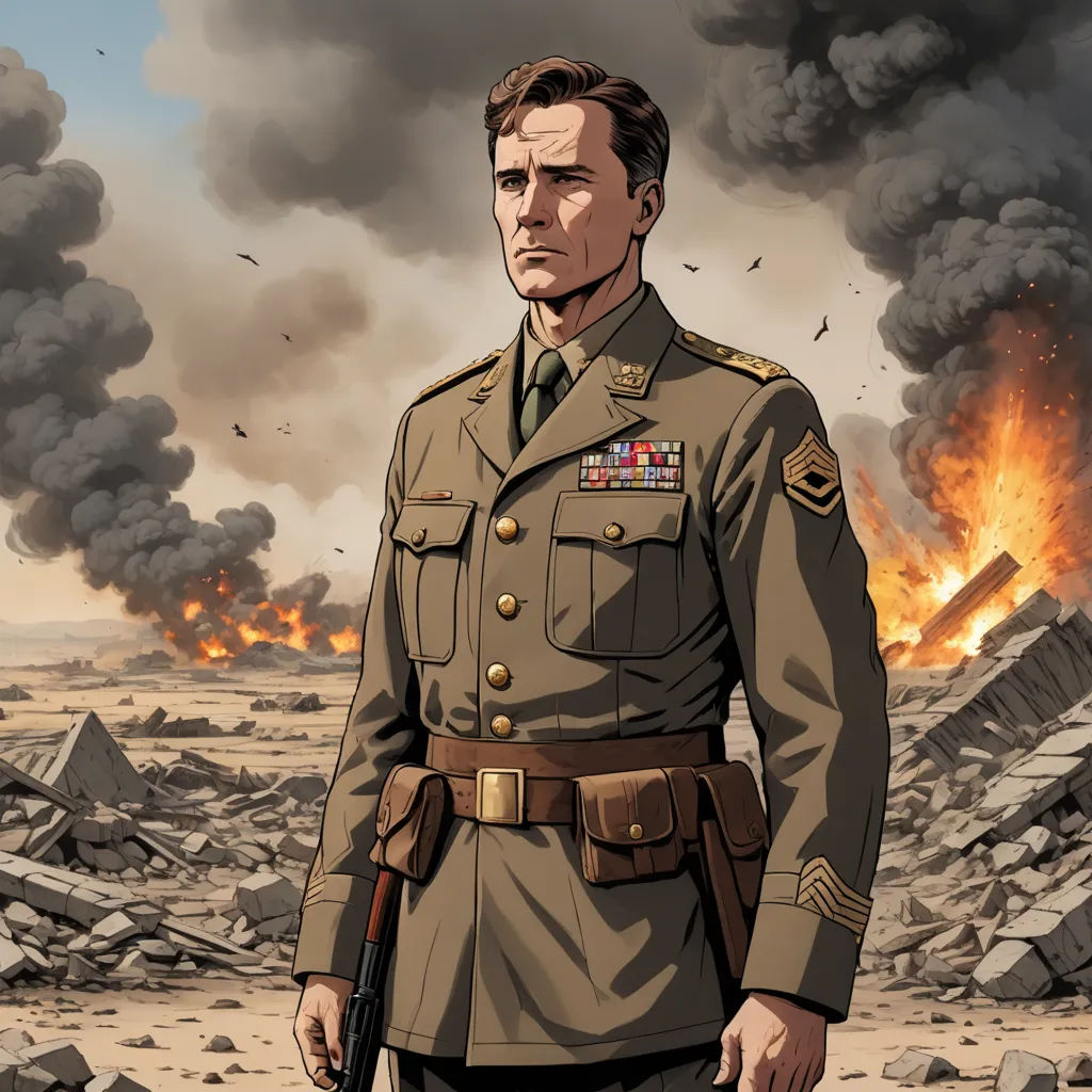 a man in a military uniform standing in front of a large pile of rocks and debris with a gun in his hand, sots art, a character portrait, Doug Wildey, official art