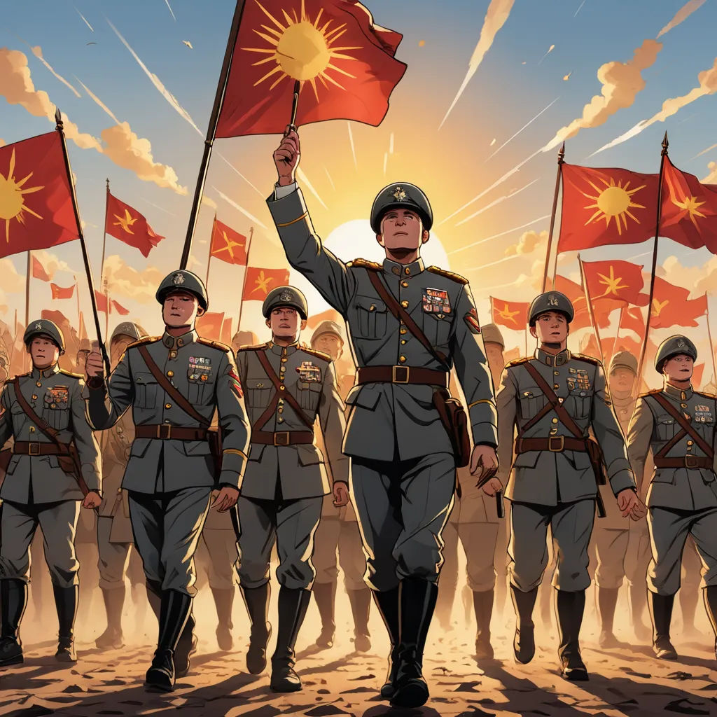 a group of men in uniforms holding flags and standing in front of a crowd of people in uniform with the sun behind them, berlin secession, concept art, Du Jin, official art