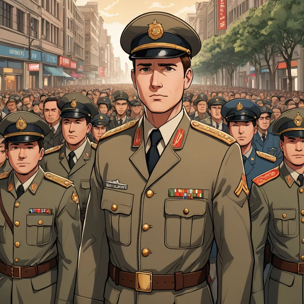 a man in a military uniform standing in front of a crowd of people in a city street with a building, socialist realism, a character portrait, Dong Yuan, official art