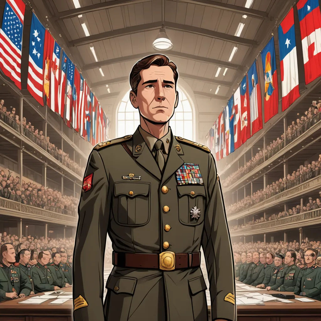 a cartoon of a man in a military uniform standing in front of a room full of people with flags, sots art, a character portrait, Aleksandr Gerasimov, official art