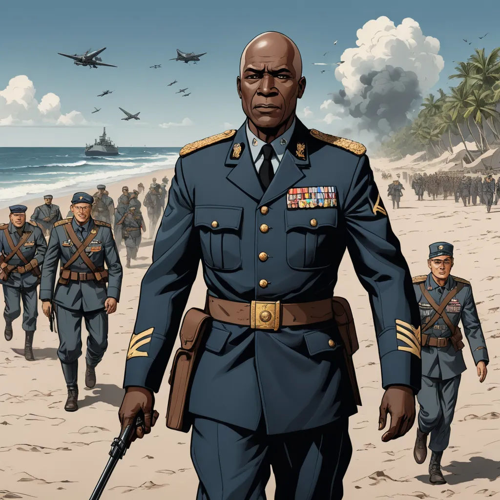 a man in a military uniform walking on a beach with other men in uniform behind him and a plane in the sky, sots art, a character portrait, David Palumbo, official art