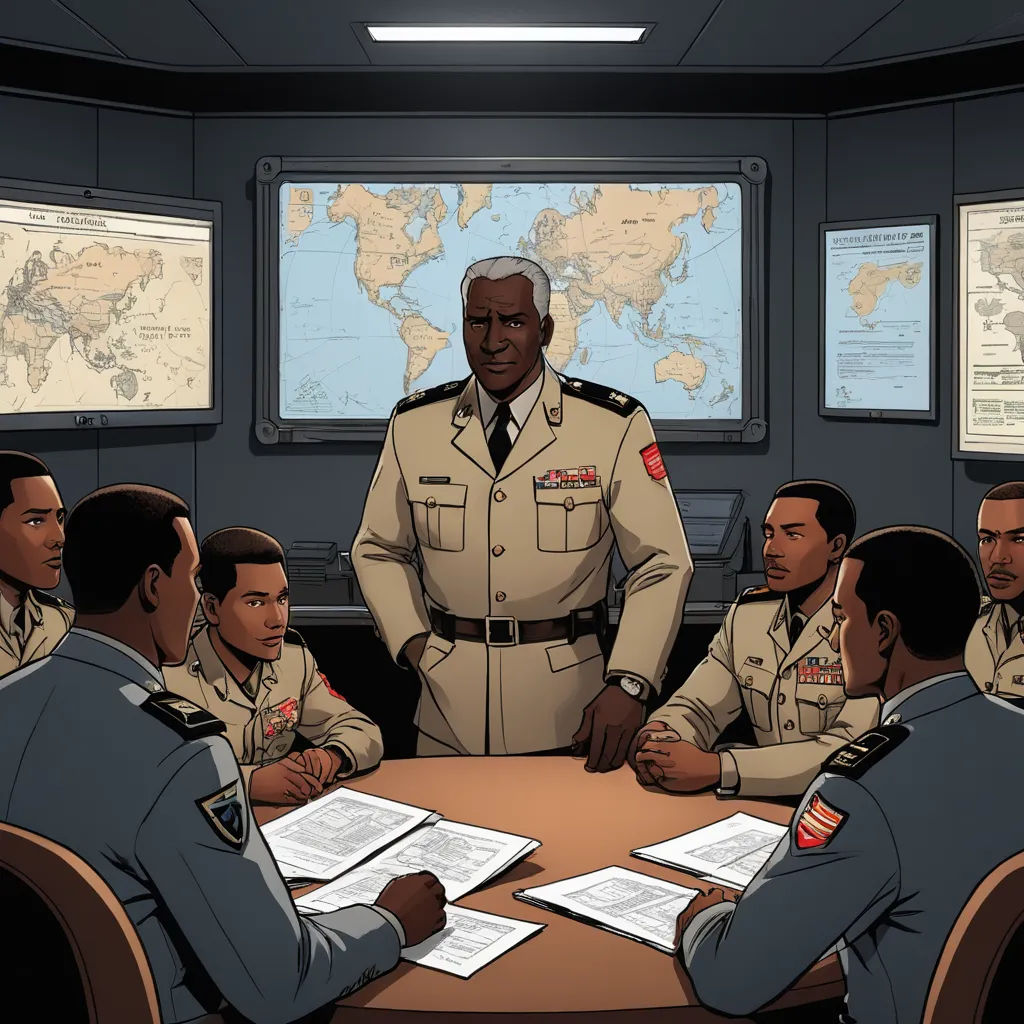 a group of men sitting around a table in a room with maps on the walls and a map on the wall, afrofuturism, a comic book panel, Barron Storey, graphic novel