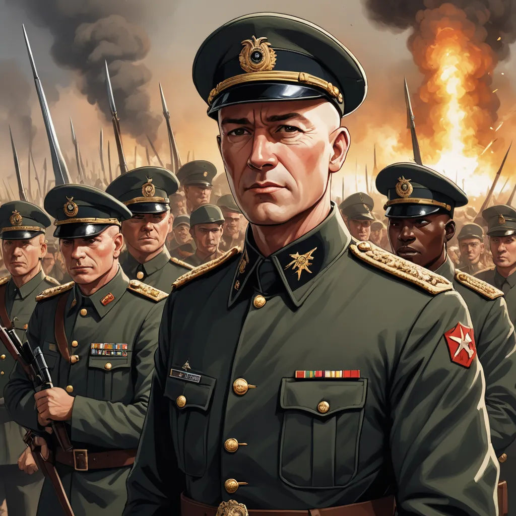 a painting of a man in a military uniform standing in front of a group of men in uniform with a fire in the background, sots art, a character portrait, Aleksandr Gerasimov, very detailed faces