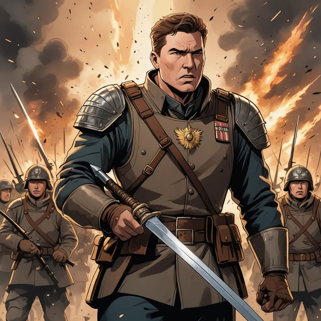 a man in uniform holding a sword in front of a group of men in uniforms with a sky background, antipodeans, a comic book panel, Boleslaw Cybis, comic cover art