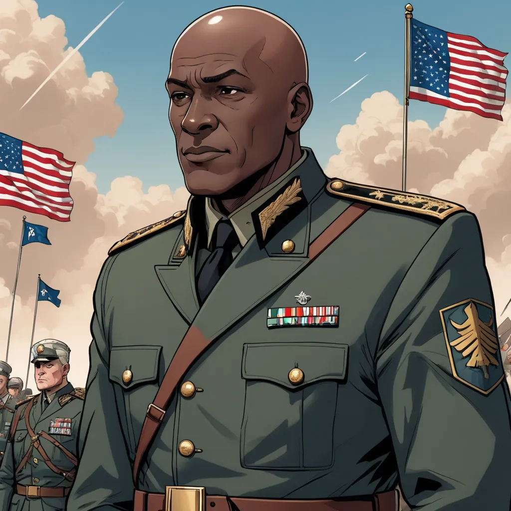 a cartoon of a man in a military uniform standing in front of a group of flags and a sky with clouds, american realism, a character portrait, Barron Storey, graphic novel