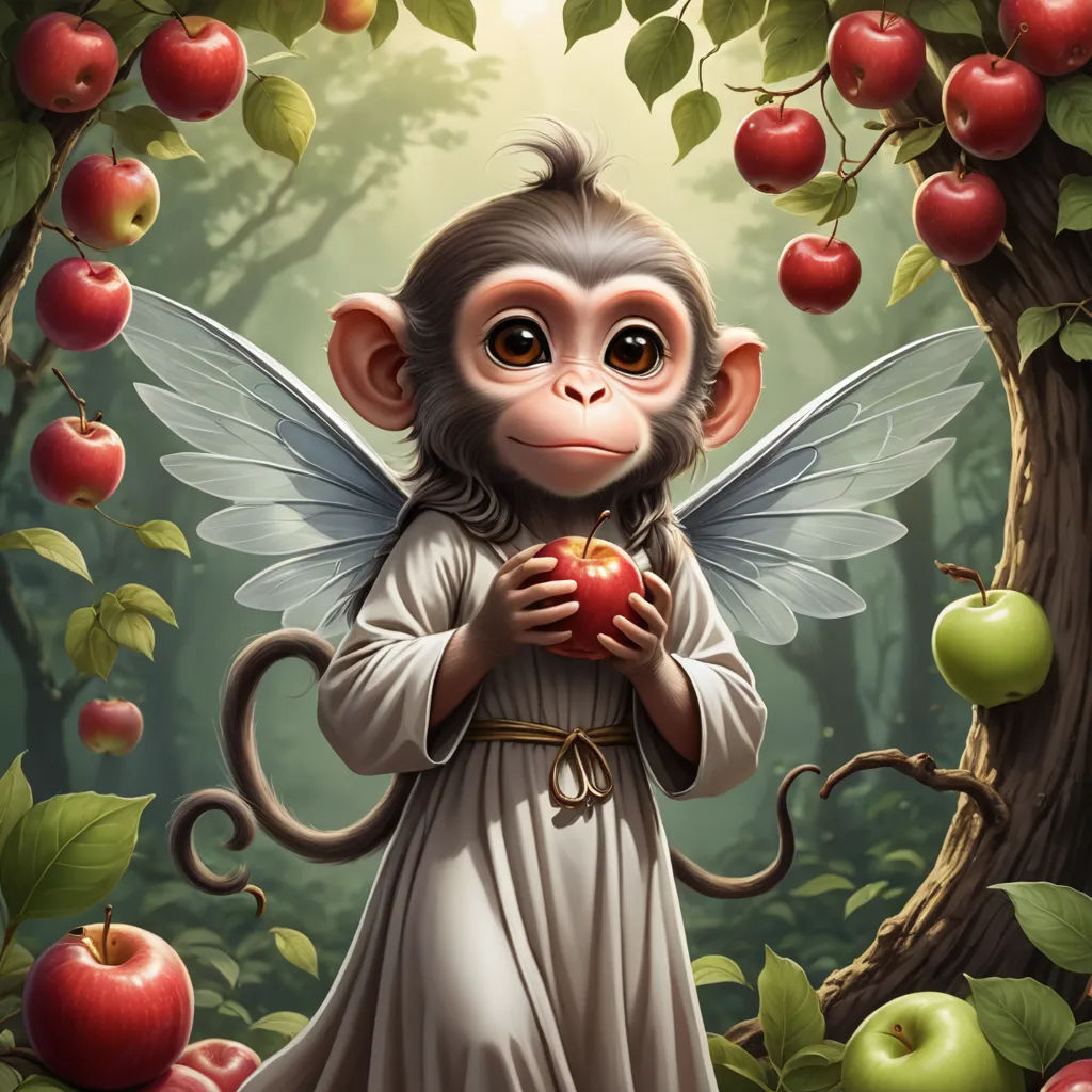 a monkey with wings holding an apple in a forest with apples on the ground and trees around it,, fantasy art, a storybook illustration, Ed Binkley, highly detailed digital painting