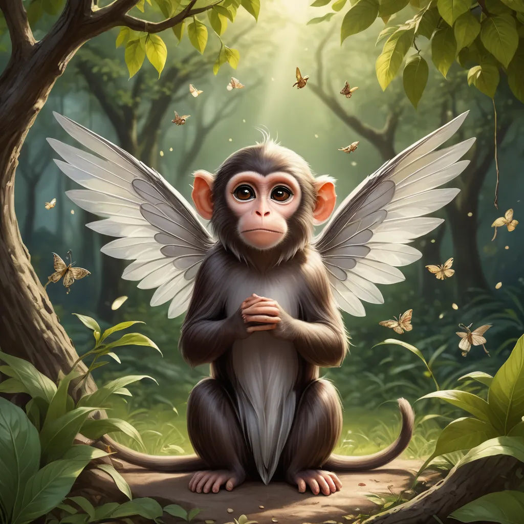 a monkey with wings sitting on a tree stump in a forest with butterflies flying around it and a sunbeam in the background, fantasy art, a digital painting, Ed Binkley, cgstudio