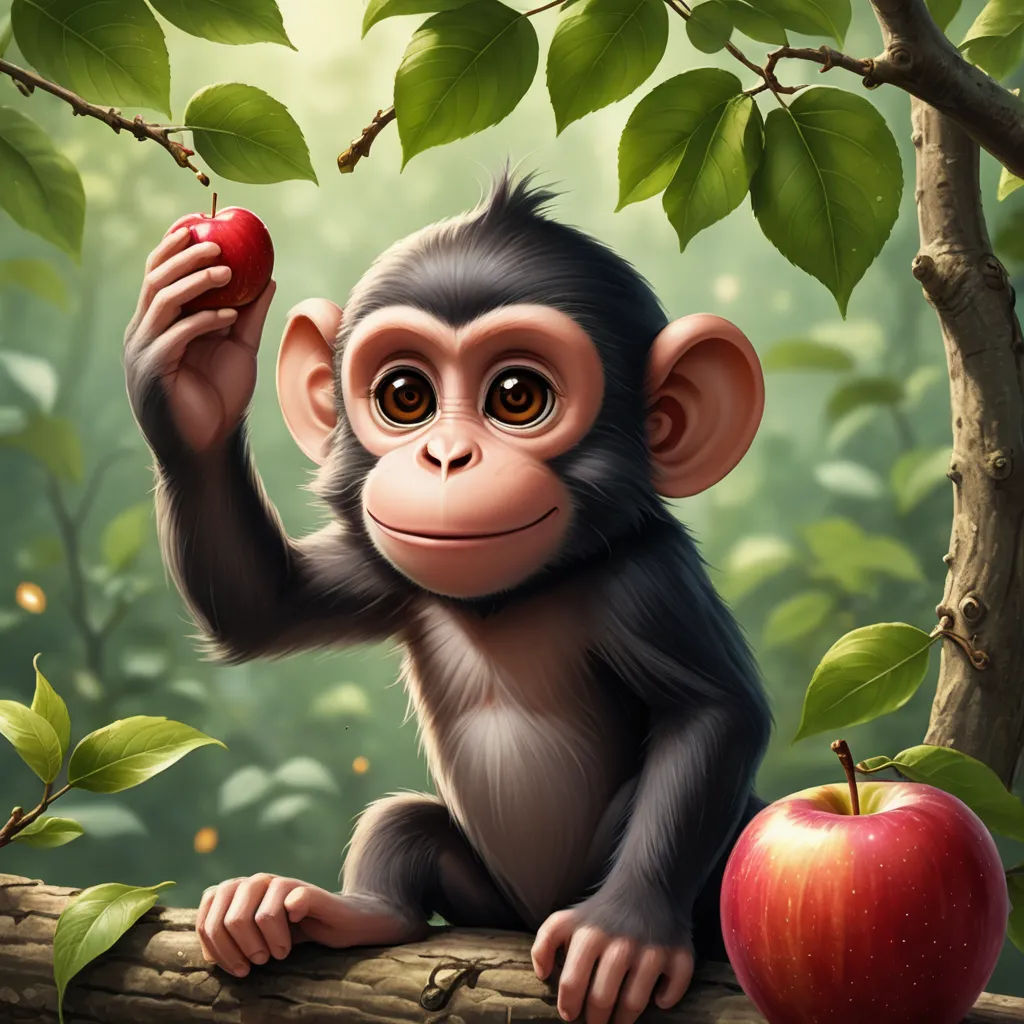 a monkey holding an apple while sitting on a tree branch in a forest with a branch of apple in front of him, fantasy art, a character portrait, Eddie Mendoza, behance hd