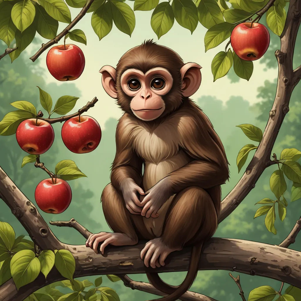 a monkey sitting on a branch with apples in the background of a forest with trees and leaves, and a green sky, pop surrealism, a character portrait, Eddie Mendoza, highly detailed digital painting
