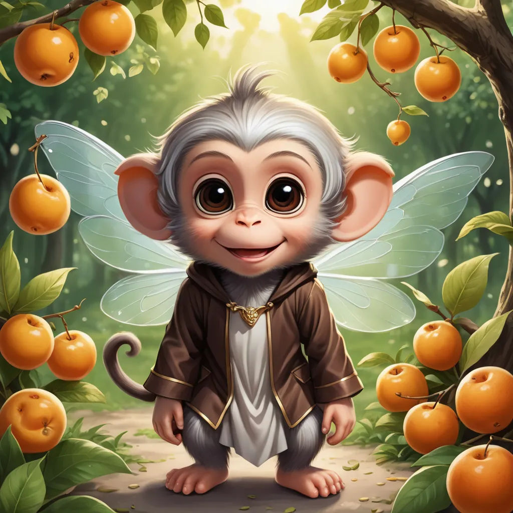a monkey with a jacket and a jacket on standing in front of a tree with oranges on it, fantasy art, a character portrait, Anne Stokes, kinkade