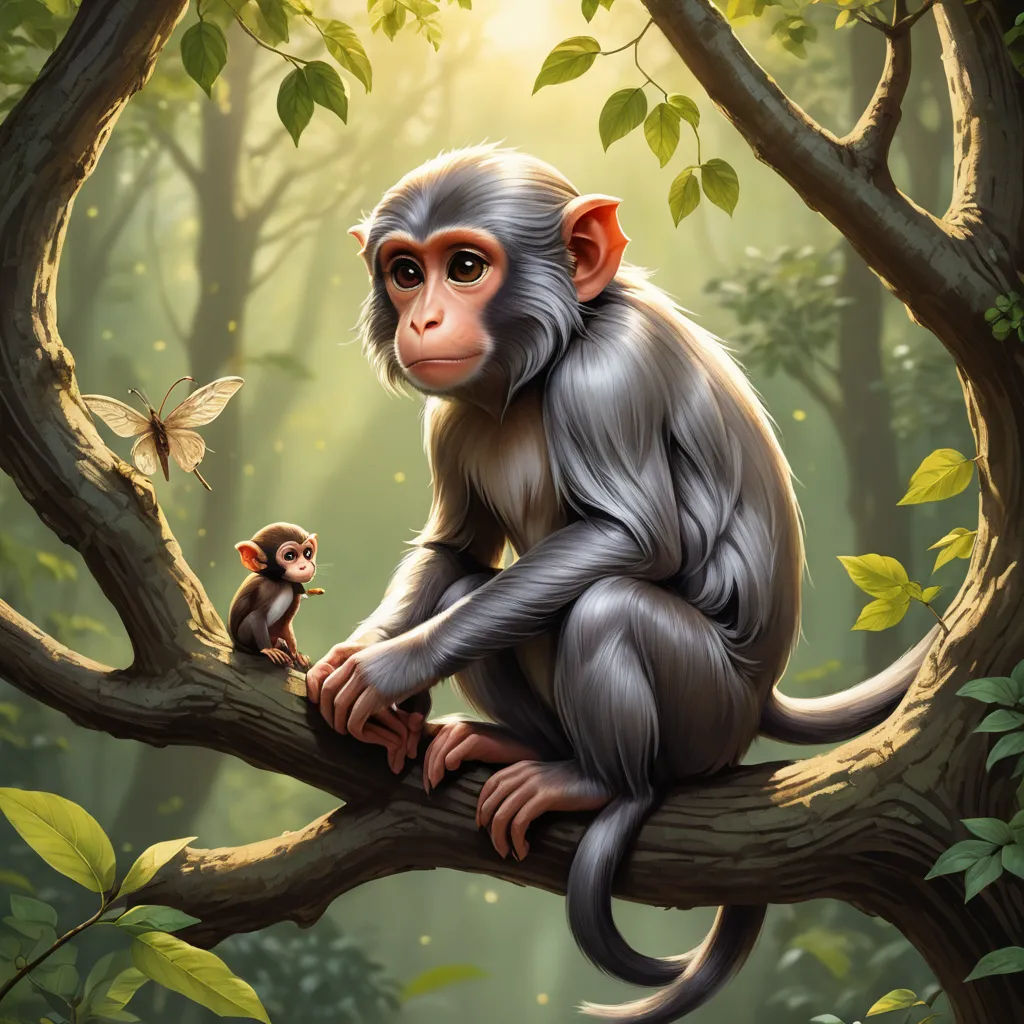 a monkey and a monkey sitting on a tree branch in a forest with a butterfly flying around it and a sunbeam in the background, fantasy art, a storybook illustration, Eddie Mendoza, highly detailed digital painting