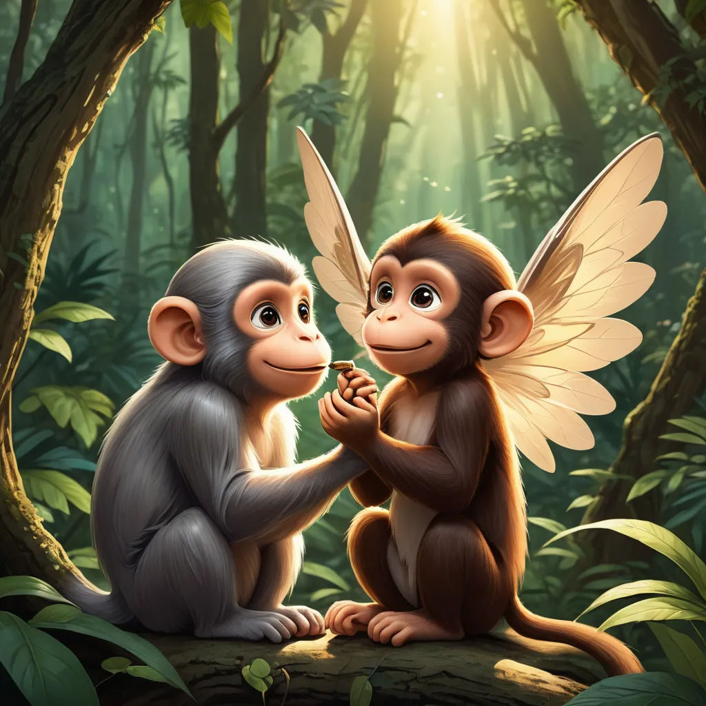 two monkeys sitting on a tree branch in the forest with a light shining on them and one monkey holding a cigarette, fantasy art, a storybook illustration, Cliff Childs, cgstudio