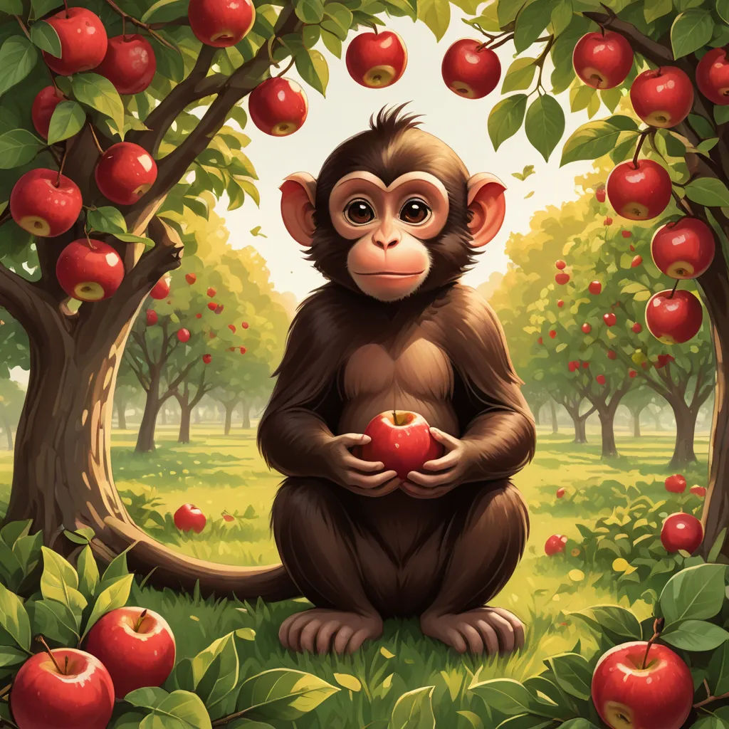 a monkey sitting in the grass with an apple in his hand and apples in the background, all around him, pop surrealism, a storybook illustration, Chris LaBrooy, highly detailed digital painting
