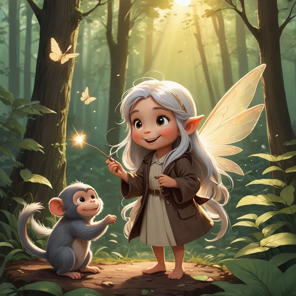 a cartoon fairy with a monkey and a fairy in the woods with a butterfly on her finger and a light shining on her, fantasy art, a storybook illustration, Cliff Childs, official art