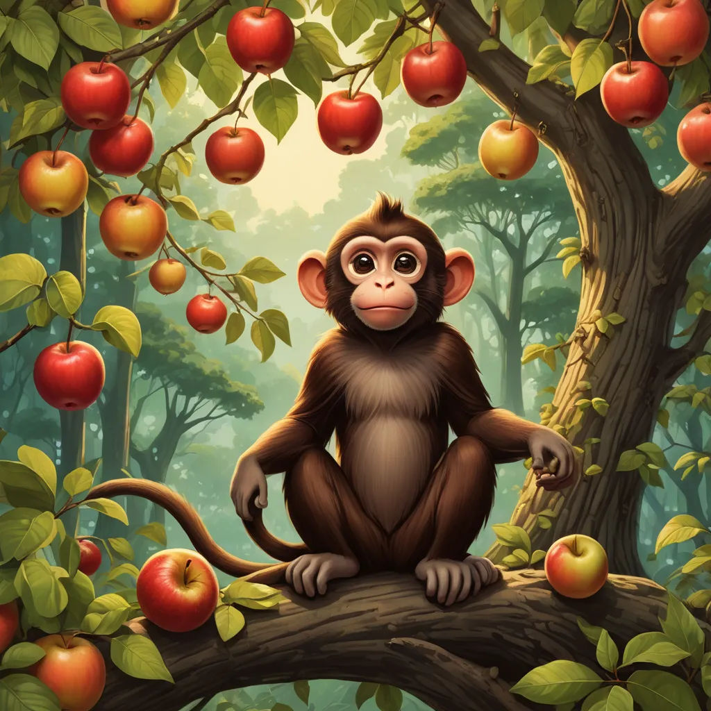 a monkey sitting on a tree branch in a forest with apples on it's branches and a background of trees and leaves, pop surrealism, a storybook illustration, Chris LaBrooy, highly detailed digital painting