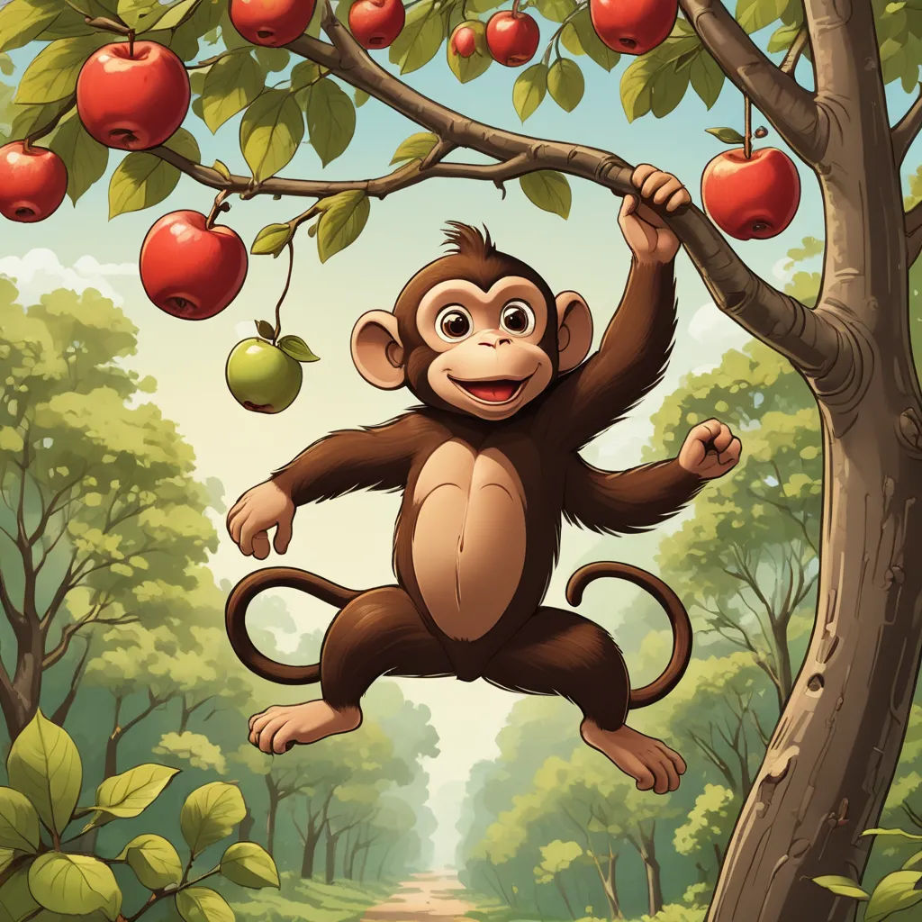 a monkey hanging from a tree branch with apples on it's branches in a forest with a path, pop surrealism, a storybook illustration, Chris LaBrooy, highly detailed digital painting