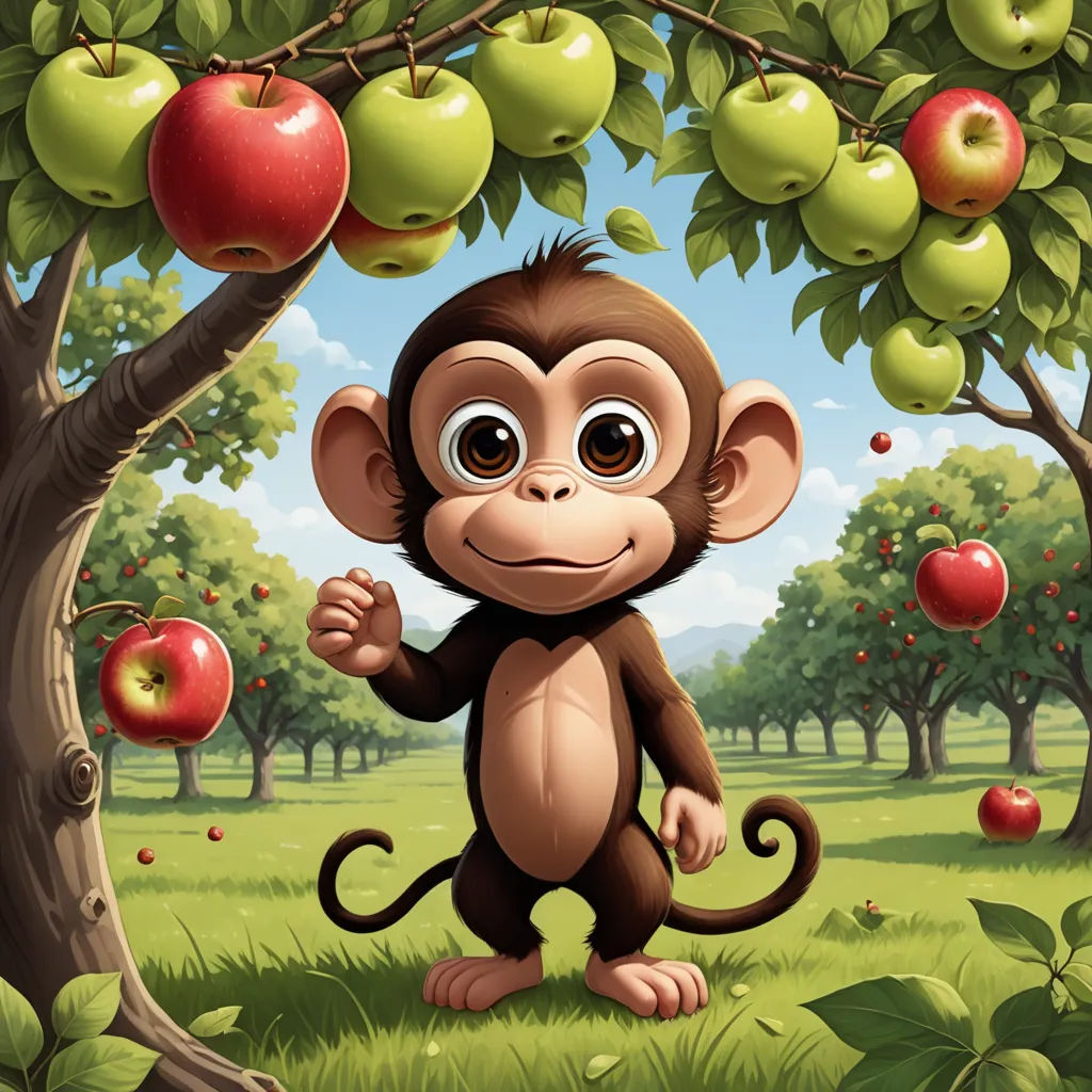 a monkey standing in the middle of a tree with apples on it's branches and a sky background, pop surrealism, a storybook illustration, Chris LaBrooy, highly detailed digital painting