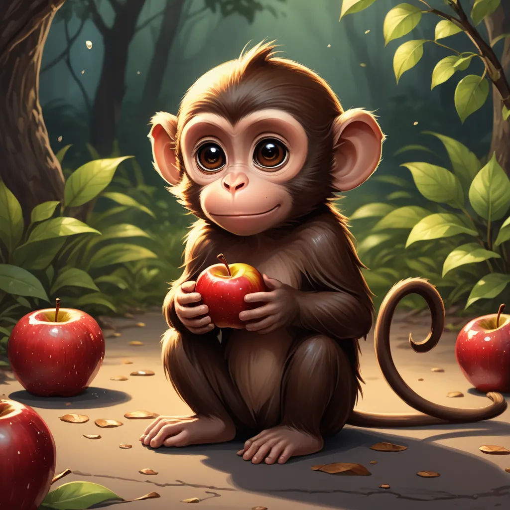 a monkey holding an apple in a forest with leaves and trees around it, with a forest background and a few red apples, fantasy art, a digital painting, Brom, highly detailed digital painting