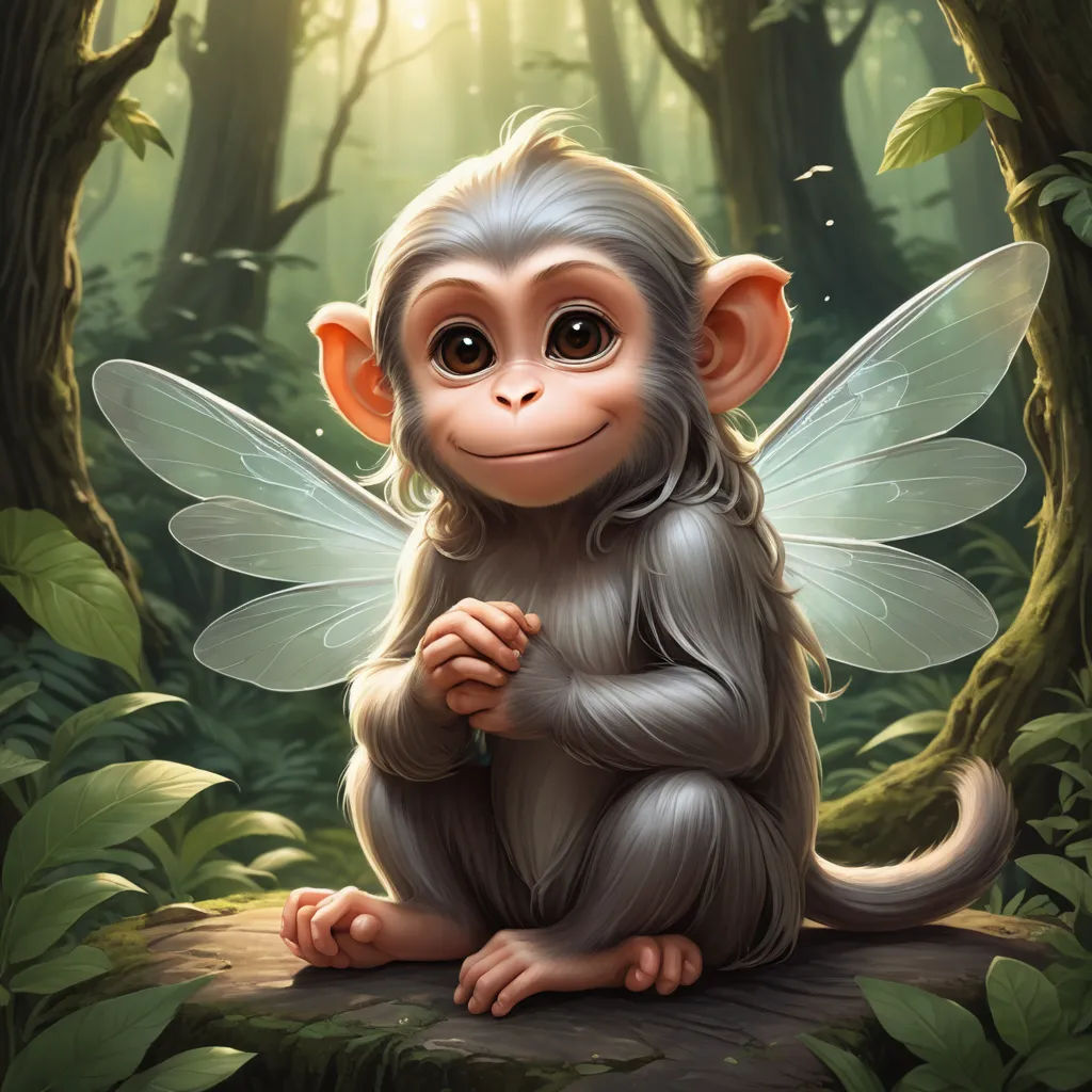 a monkey with wings sitting on a rock in the forest with a forest background and sunlight shining through the trees, fantasy art, a storybook illustration, Ed Binkley, highly detailed digital painting