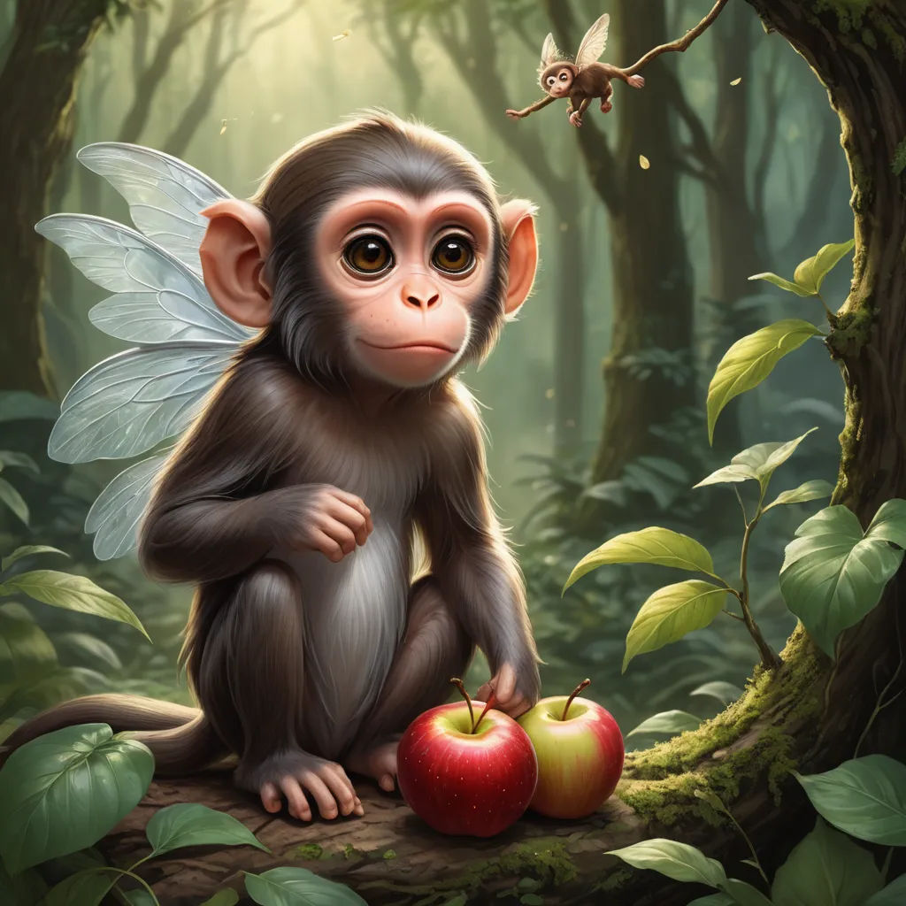 a monkey sitting on a tree branch with an apple in front of it and a fairy bird flying above, fantasy art, a storybook illustration, Ed Binkley, highly detailed digital painting