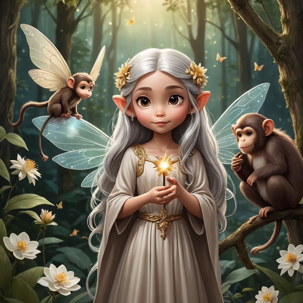 a fairy with a monkey and a monkey on a tree branch in the woods with flowers and butterflies around her, fantasy art, a storybook illustration, Ed Binkley, storybook illustration