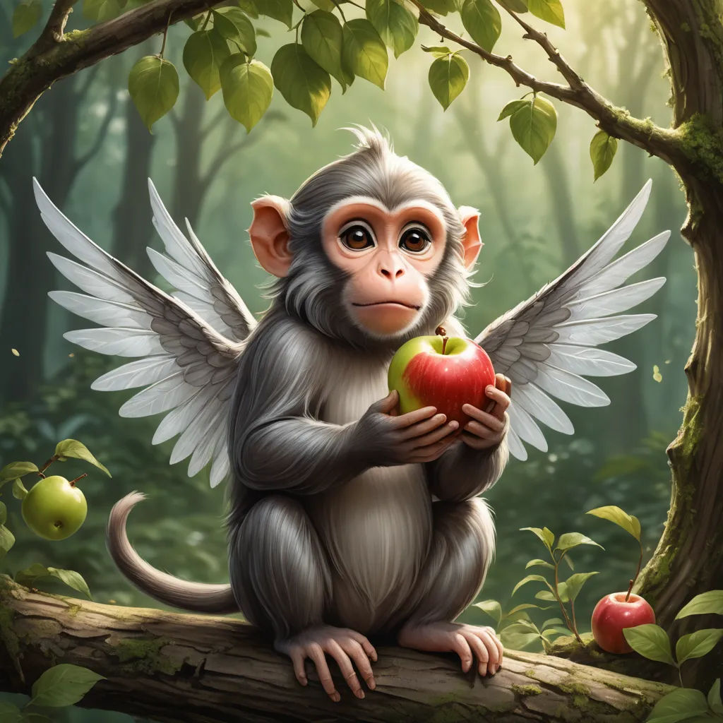 a monkey holding an apple in a forest with wings on it's back and a tree branch with leaves, fantasy art, a digital painting, Ed Binkley, highly detailed digital painting