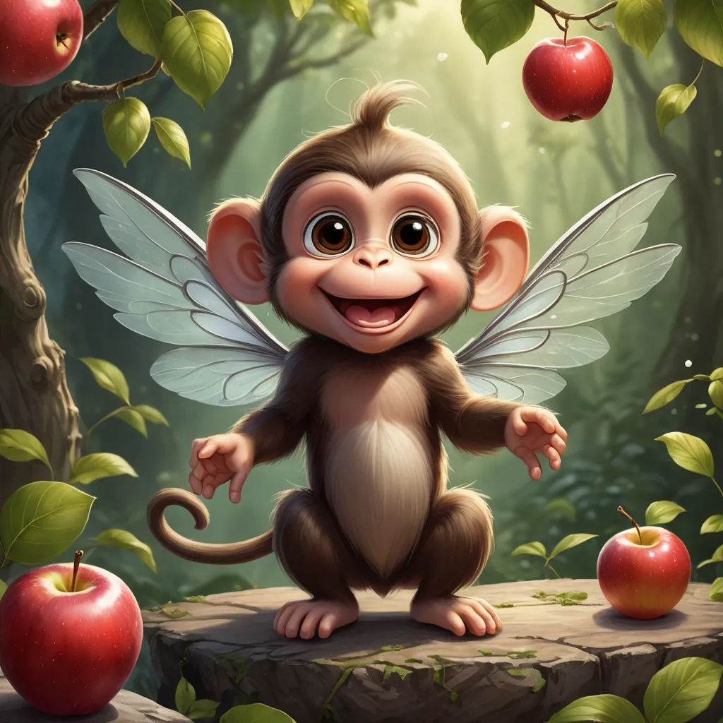a monkey with wings standing on a rock in the forest with apples in the background and a forest of trees with leaves and branches, fantasy art, a storybook illustration, Ed Binkley, highly detailed digital painting