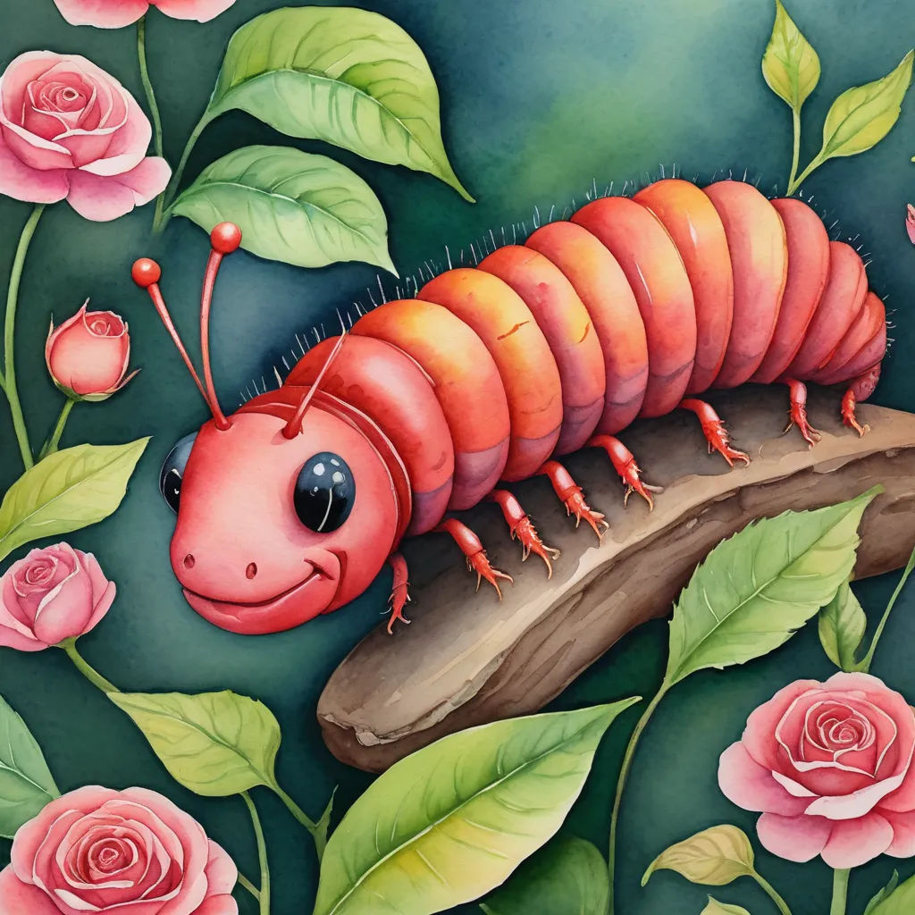 a painting of a red caterpillar on a branch of a rose bush with pink roses around it, pop surrealism, a storybook illustration, Chris LaBrooy, in gouache detailed paintings