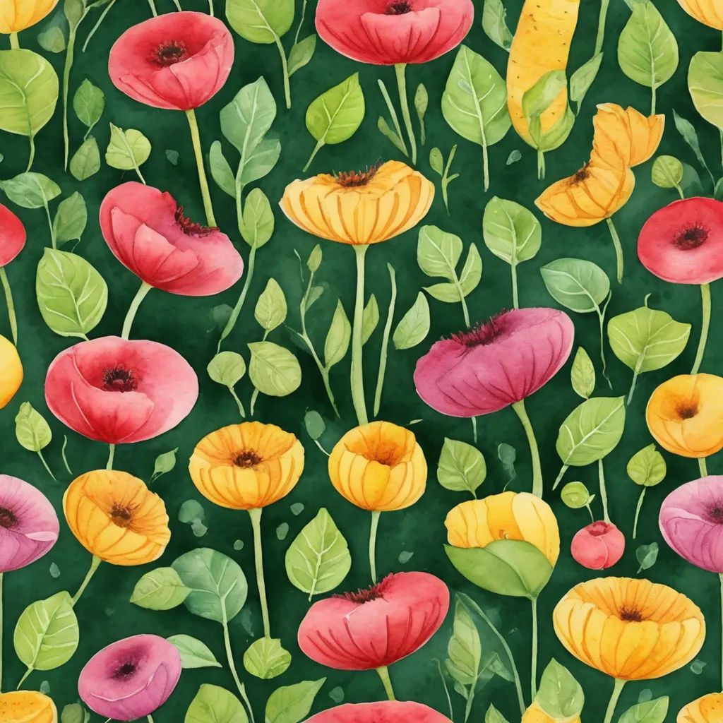 a painting of a field of flowers with green leaves and red and yellow flowers on a green background with a green stem, arts and crafts movement, a watercolor painting, Annabel Kidston, in gouache detailed paintings