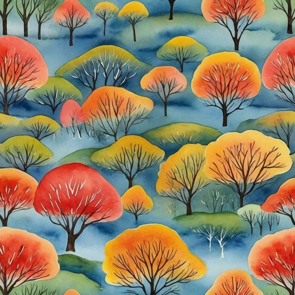 a painting of trees in the woods with blue sky and clouds behind them, with a red and yellow tree, naive art, a watercolor painting, Eyvind Earle, in gouache detailed paintings