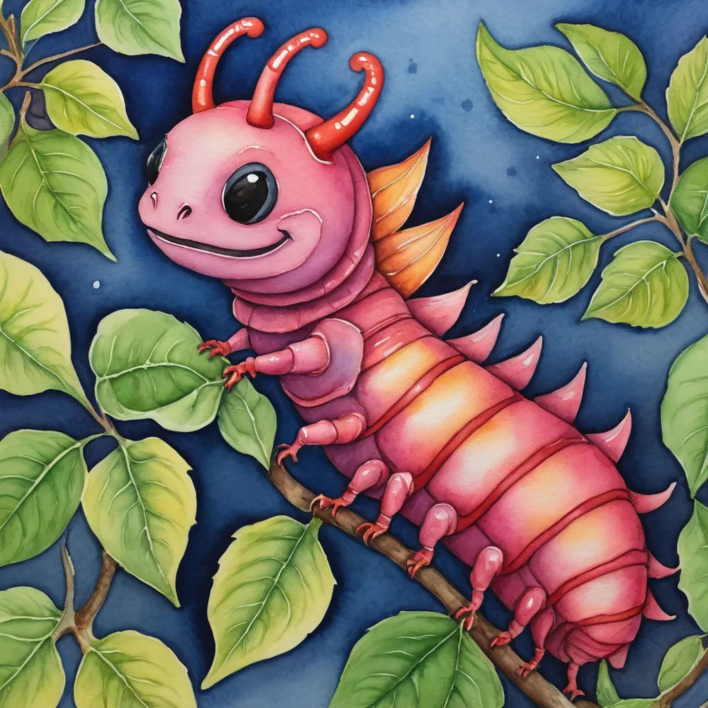 a painting of a pink caterpillar on a branch with leaves on it's sides and a blue background, fantasy art, a storybook illustration, Adam Rex, in gouache detailed paintings