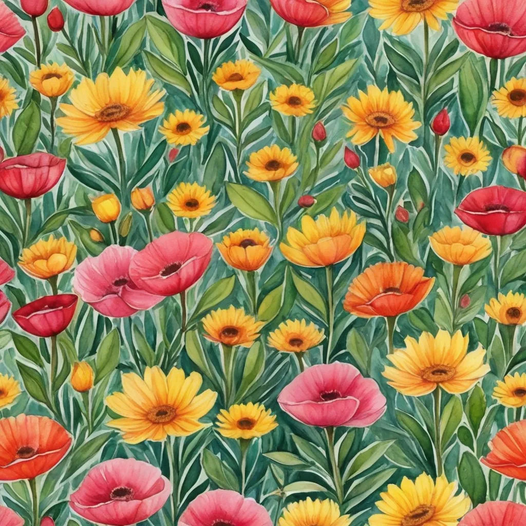a painting of a field of flowers with green leaves and red and yellow flowers on the side of the field, folk art, a detailed painting, Annabel Kidston, in gouache detailed paintings