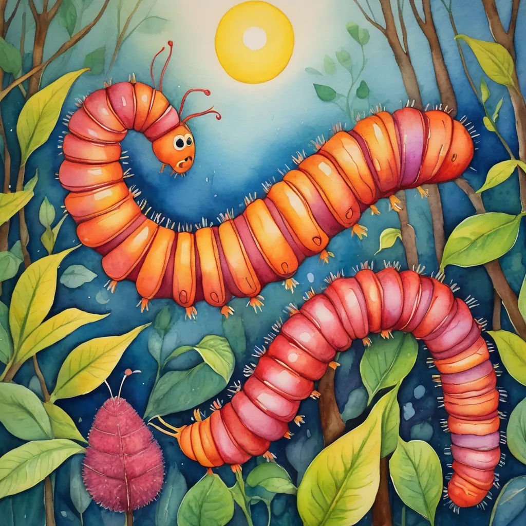 a painting of a red caterpillar in a forest with a sun in the background and leaves on the ground, magic realism, a storybook illustration, Daphne McClure, storybook illustration