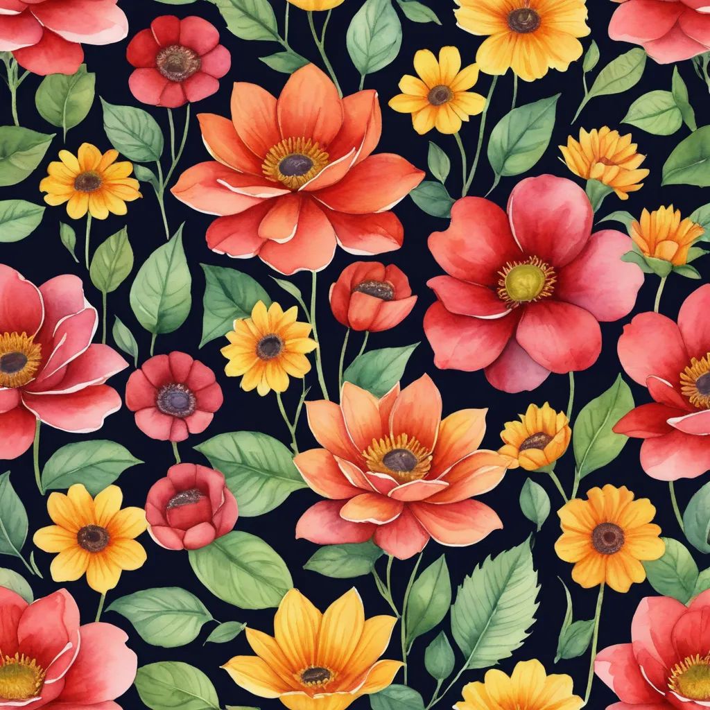 a floral pattern with red, yellow and green flowers on a black background with leaves and flowers on a black background, arts and crafts movement, an ultrafine detailed painting, Annabel Kidston, flowers