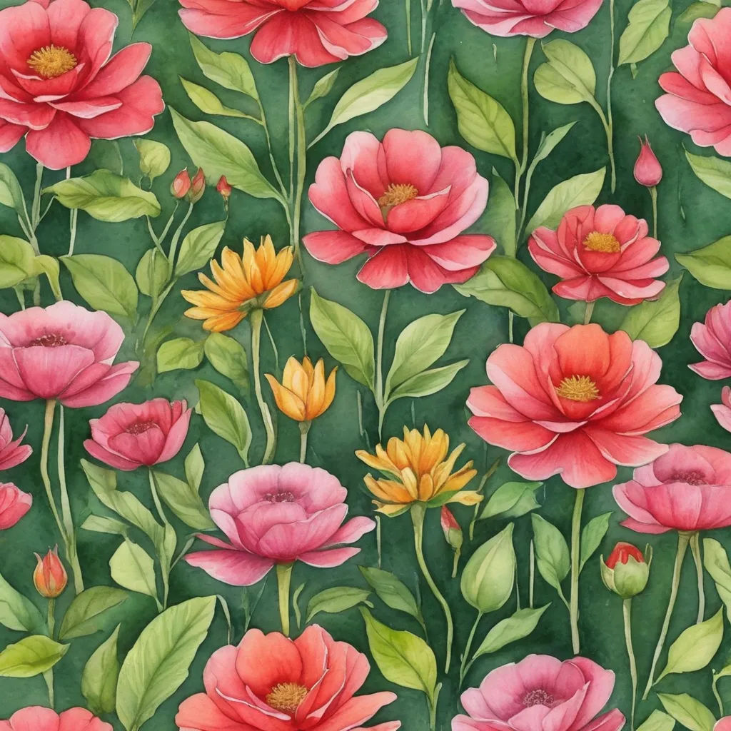 a painting of a bunch of flowers on a green background with leaves and flowers on it, all in a pattern, folk art, a watercolor painting, Annabel Kidston, in gouache detailed paintings