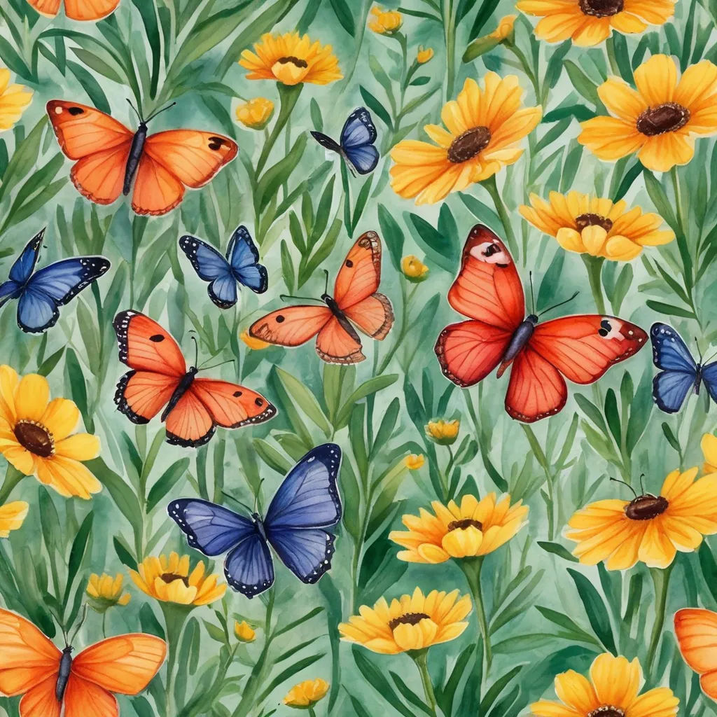 a painting of a field of flowers with butterflies flying around it and sunflowers in the background, with a green field of yellow and orange flowers, folk art, a detailed painting, Annabel Kidston, in gouache detailed paintings