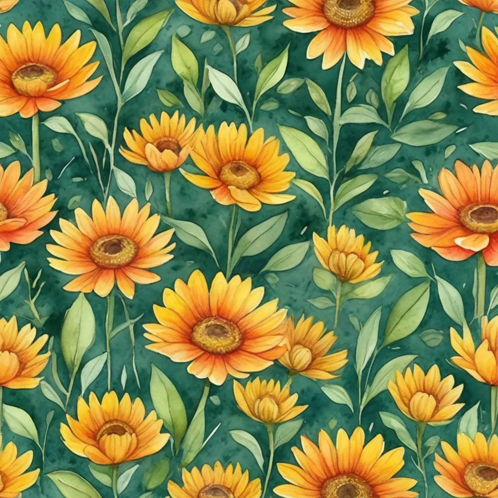 a painting of sunflowers with green leaves and watercolor paint on a green background with a watercolor effect, folk art, a storybook illustration, Annabel Kidston, flowers