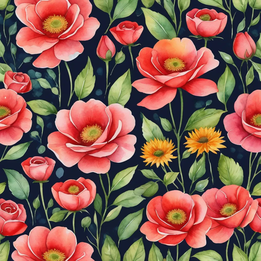 a painting of red flowers and green leaves on a black background with a yellow flower in the center of the picture, arts and crafts movement, an ultrafine detailed painting, Annabel Kidston, in gouache detailed paintings