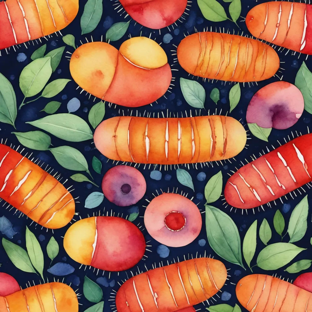 a painting of carrots and apples on a blue background with leaves and berries on the bottom of the image, sots art, a detailed painting, Elinor Proby Adams, organic painting