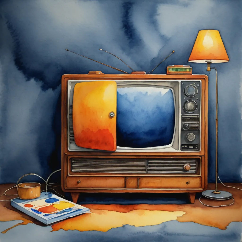 a painting of a tv and a lamp on a table with a book and a cup on it,, american scene painting, a watercolor painting, Chris LaBrooy, watercolor