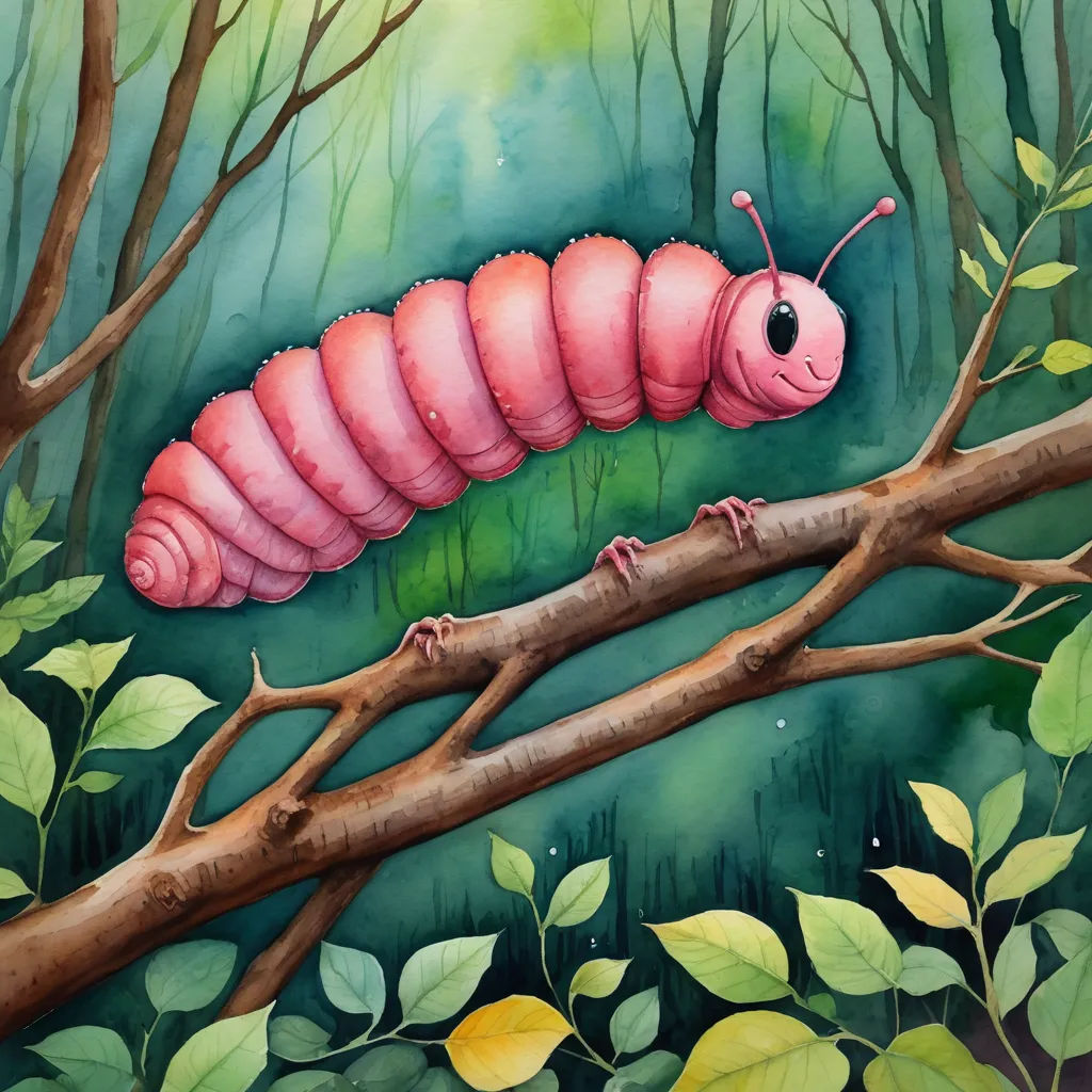 a painting of a pink caterpillar on a branch in a forest with green leaves and a green background, fantasy art, a storybook illustration, Daphne McClure, in gouache detailed paintings