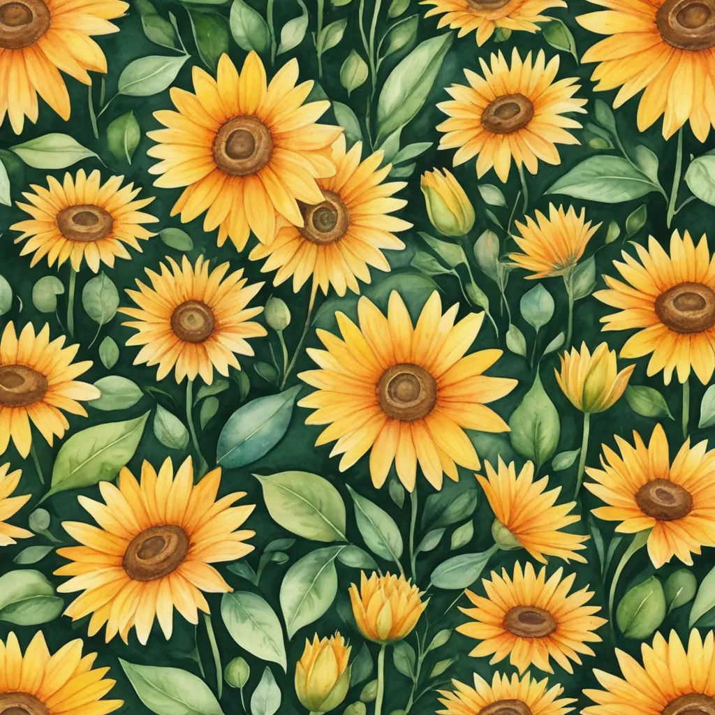 a painting of a bunch of sunflowers with green leaves on them and a brown center piece in the middle, folk art, a detailed painting, Annabel Kidston, in gouache detailed paintings