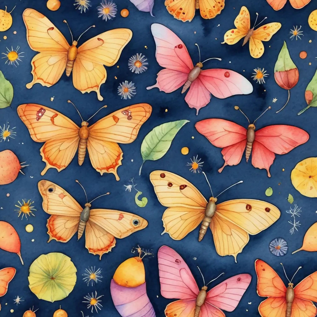 a painting of many butterflies with different colors and sizes on them, all of which are different sizes and shapes, folk art, a detailed drawing, Annabel Kidston, detailed illustration