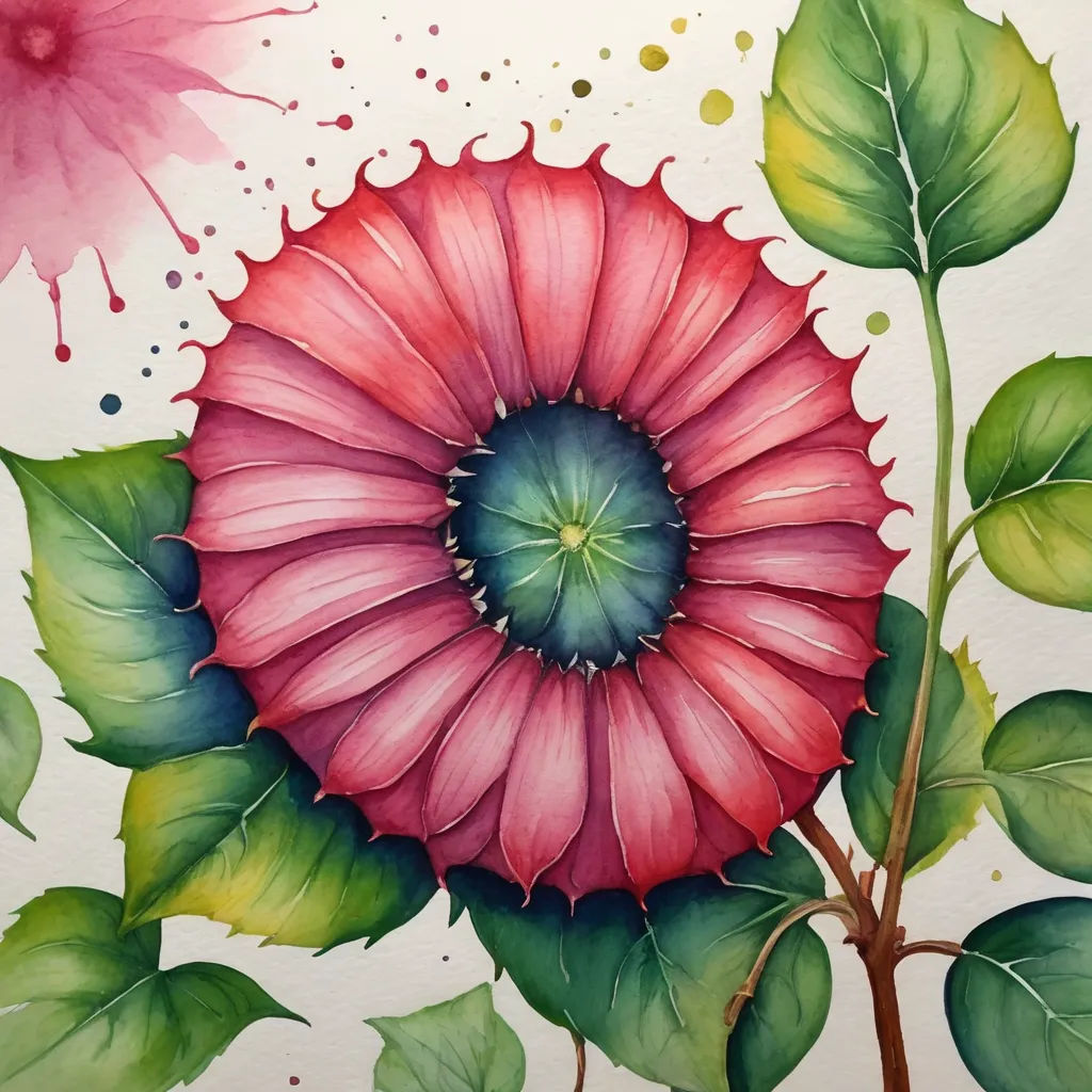 a painting of a flower with green leaves and a pink flower with green leaves and a pink flower with green leaves, auto-destructive art, a watercolor painting, Claire Hummel, watercolor
