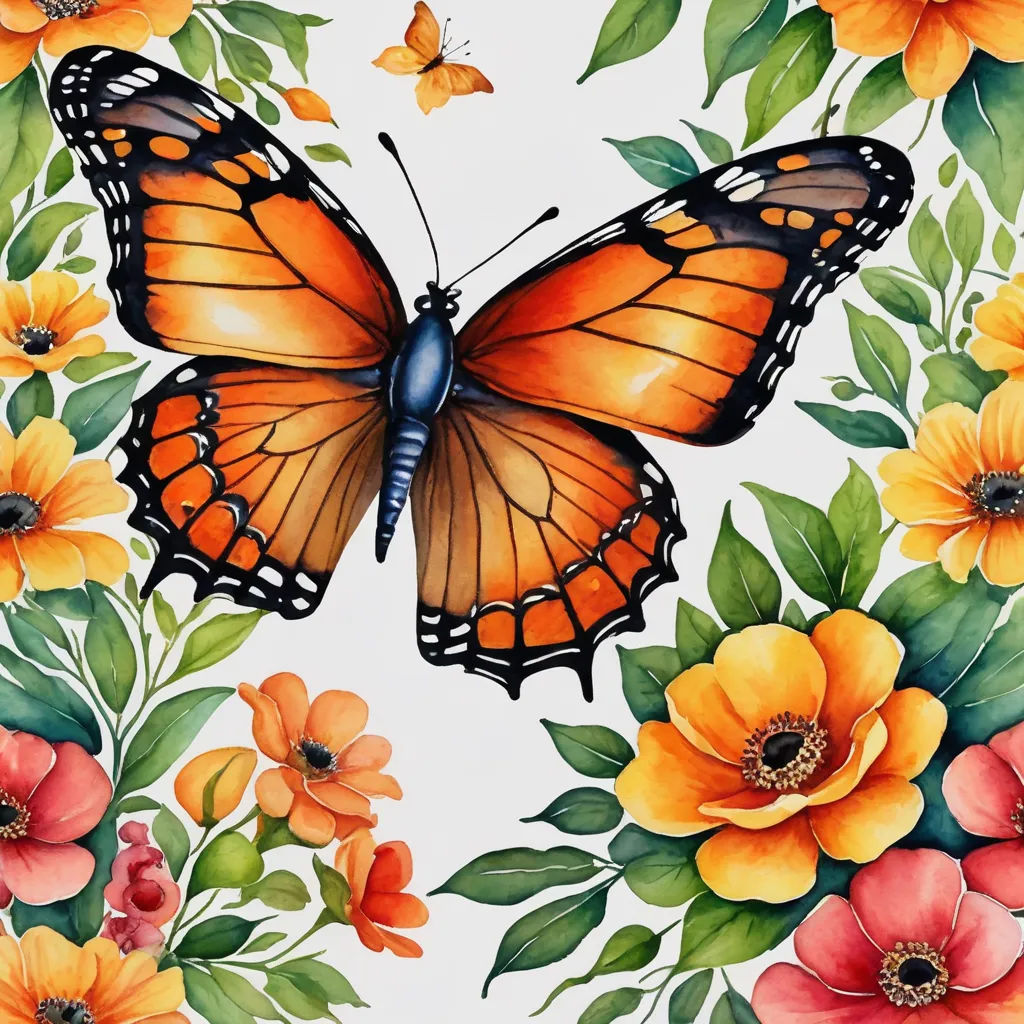 a painting of a butterfly and flowers on a white background with orange and yellow flowers and green leaves and orange and red flowers, cloisonnism, an airbrush painting, Annabel Kidston, highly detailed digital painting