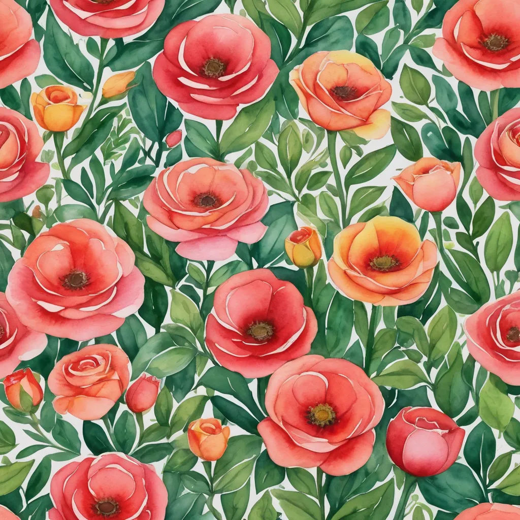 a painting of red flowers with green leaves on a white background with a green stem and leaves on the bottom, arts and crafts movement, a watercolor painting, Annabel Kidston, in gouache detailed paintings