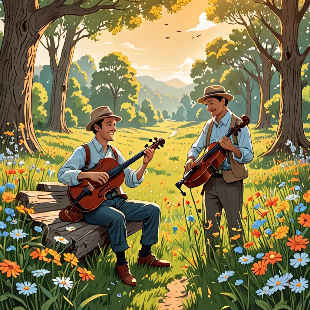 two men playing instruments in a field of flowers and trees, one of them is sitting on a bench, synthetism, a storybook illustration, Brothers Hildebrandt, storybook illustration