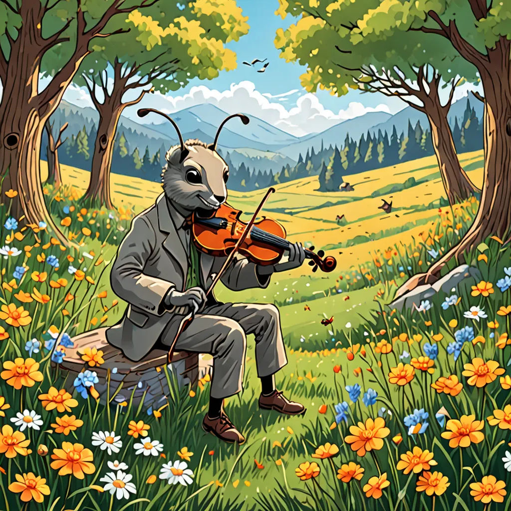 a cartoon of a man playing a violin in a field of flowers and trees with a mouse on it, synthetism, a storybook illustration, Chris LaBrooy, storybook illustration