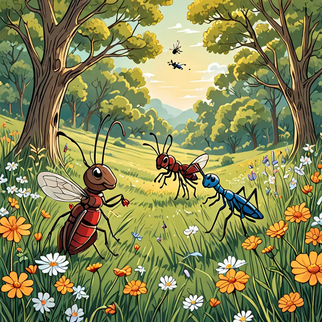 a painting of two bugs in a field of flowers and trees with a bird flying over them and a bee on the ground, ecological art, a storybook illustration, Chris LaBrooy, storybook illustration